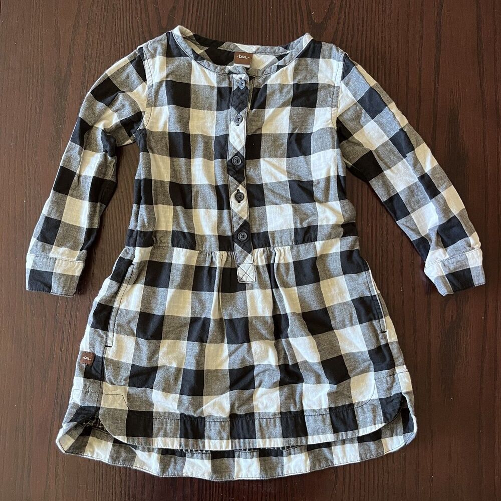 Tea Collection Girls Size 3 Black White Buffalo Check Plaid Long Sleeve Dress